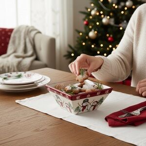 ST NICHOLAS Square “Yuletide” Snowman Square Ceramic Dish Red/Cream/Green EUC